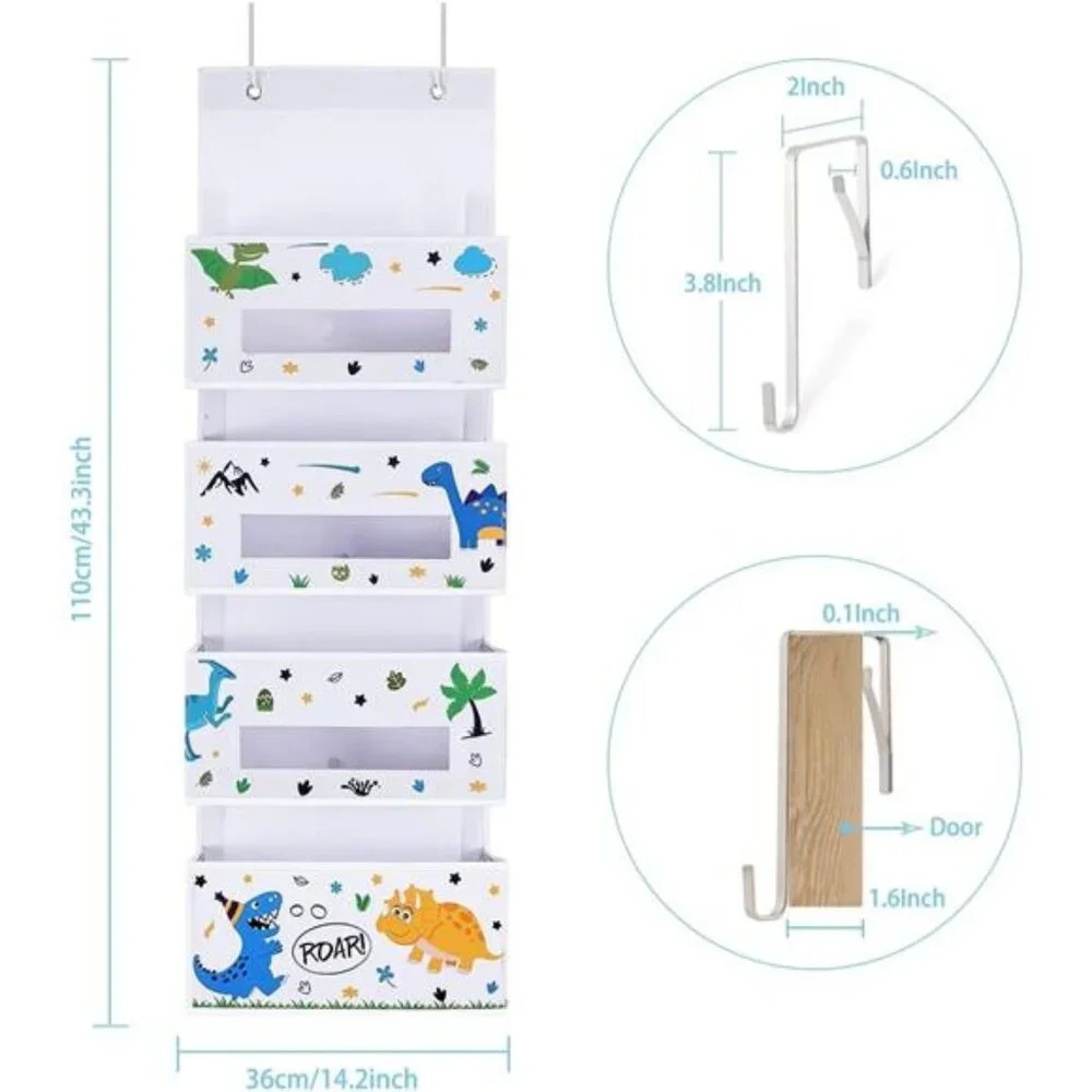 Dinosaur Over Door Hanging Organizer - Behind Door Storage with 4 Clear Pockets